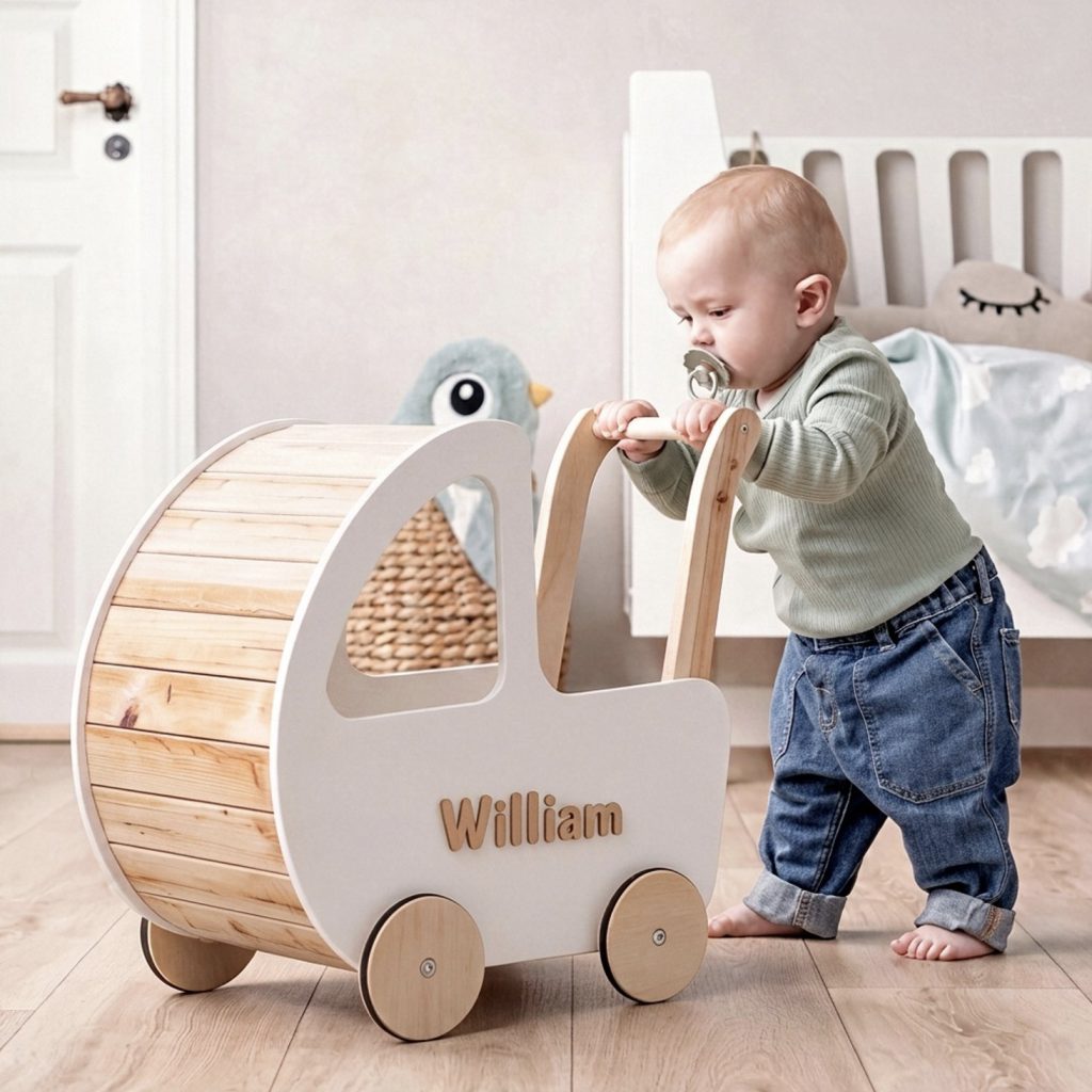 A toddler pushing the wooden baby walker across a nursery floor, their name engraved on the side
