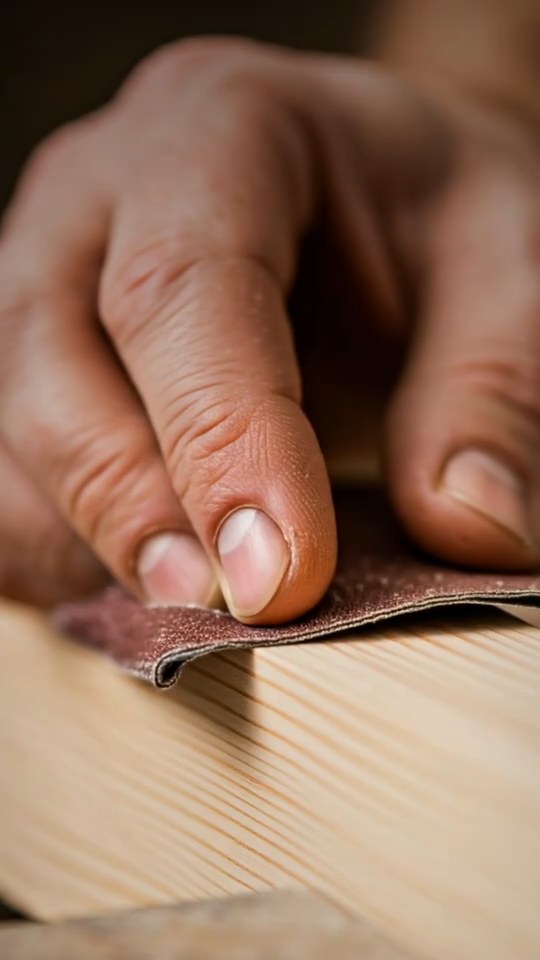 A hand smoothing a wooden panel with sandpaper